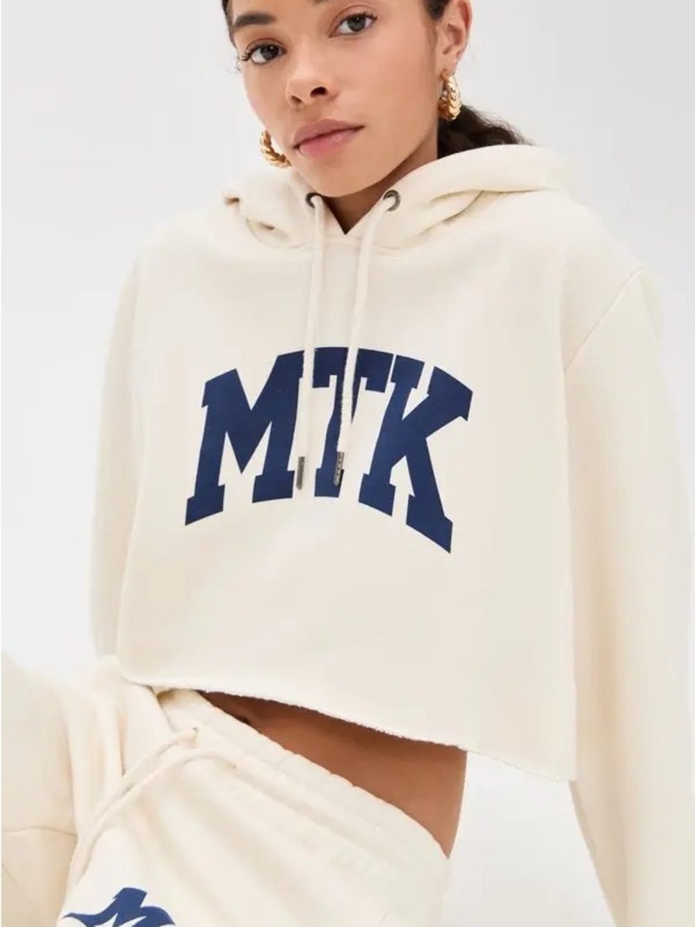 MTK Cropped Hoodie Sweatshirt - Cream/Navy